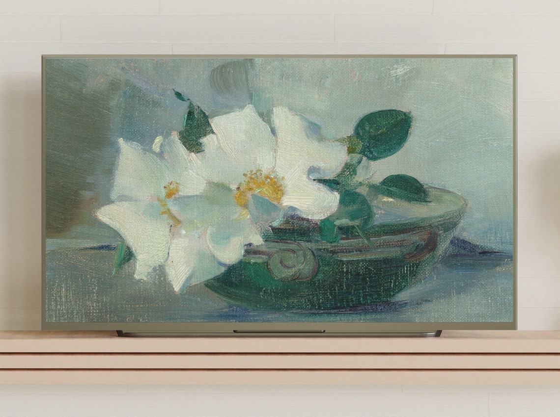 White Roses In Green Bowl Soft Impressionist Floral Still Life Poster - Image 3