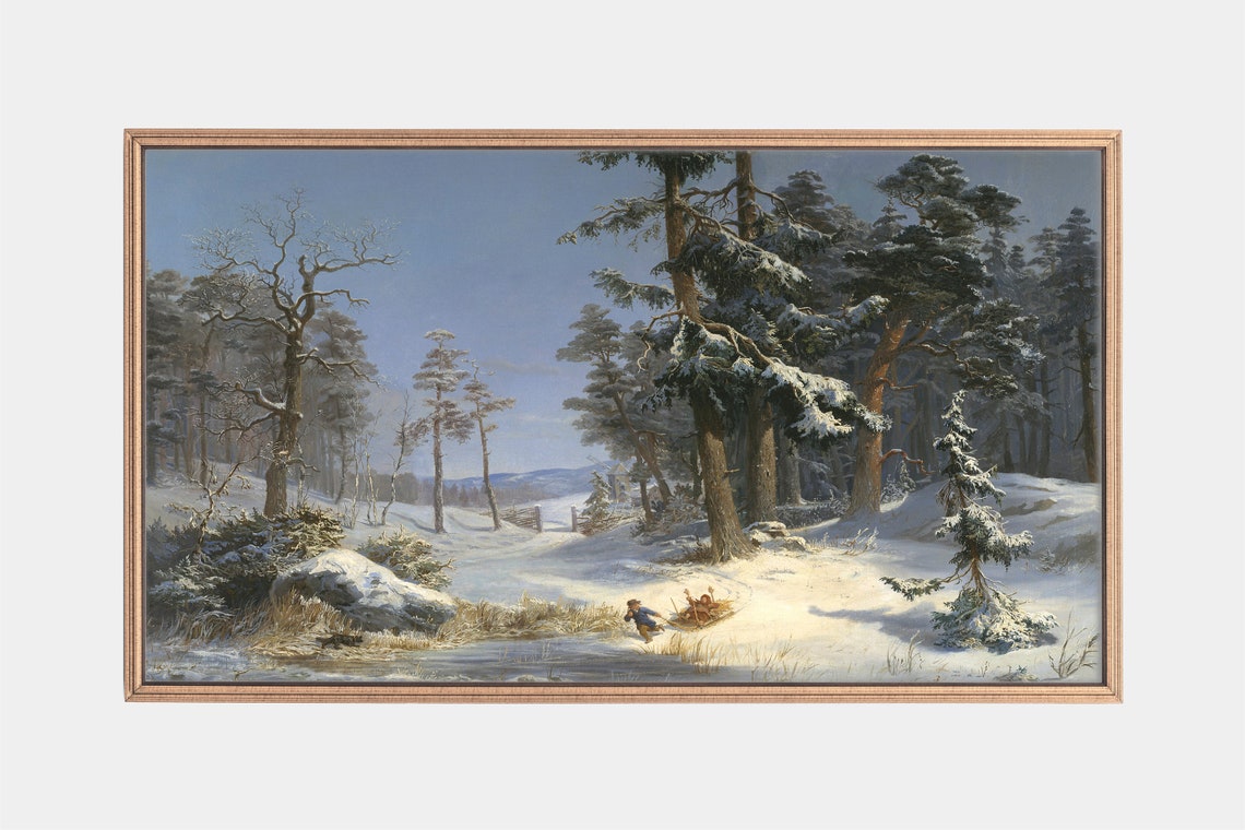 Children Sledding Snowy Forest Winter Vintage Painting Poster