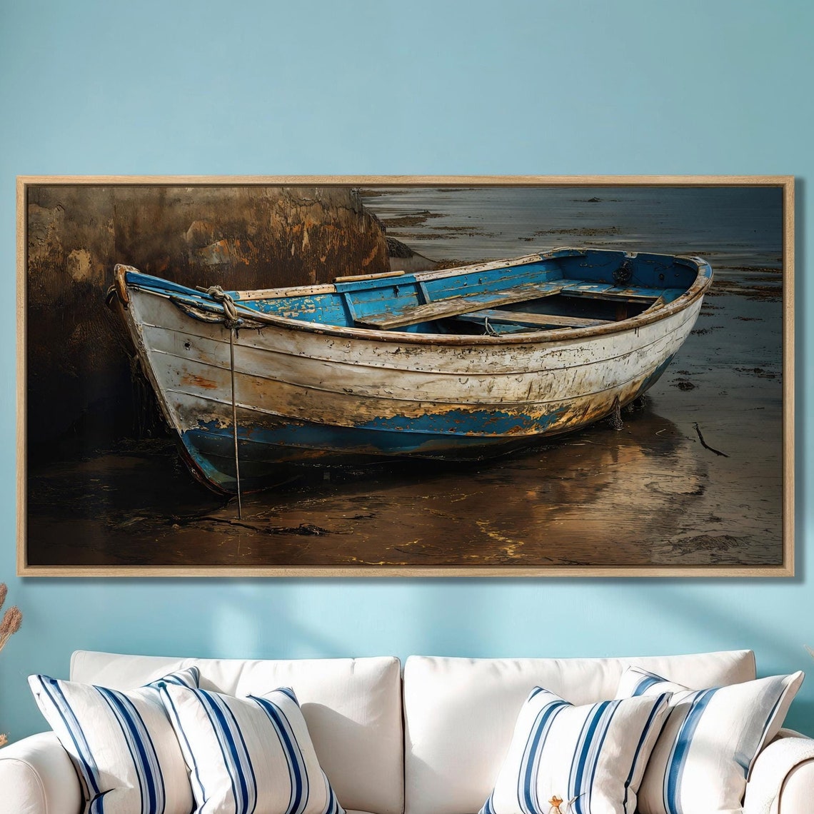 Weathered Blue Wooden Rowboat Moored At Low Tide Coastal Wall Art