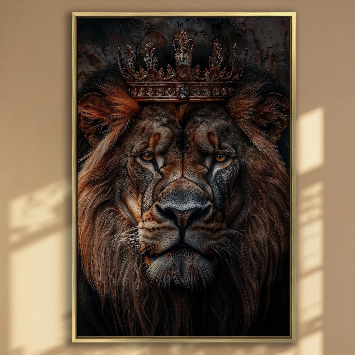 Crowned Lion Portrait Regal Wildlife Dark Dramatic Art Poster