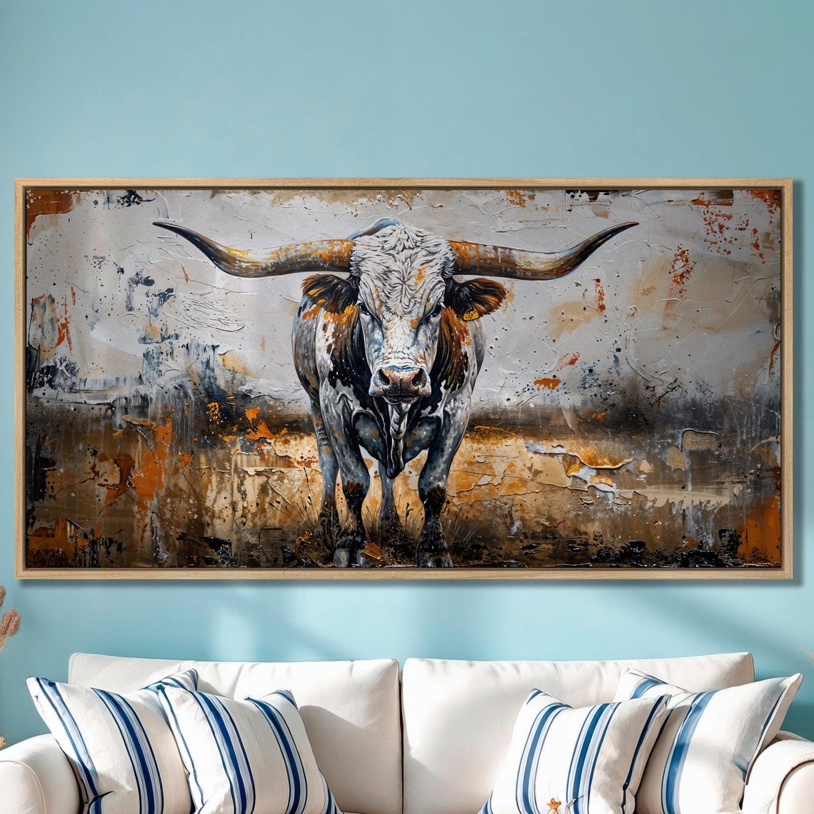 Rustic Texas Longhorn Bull Portrait Wide Canvas Farmhouse Poster