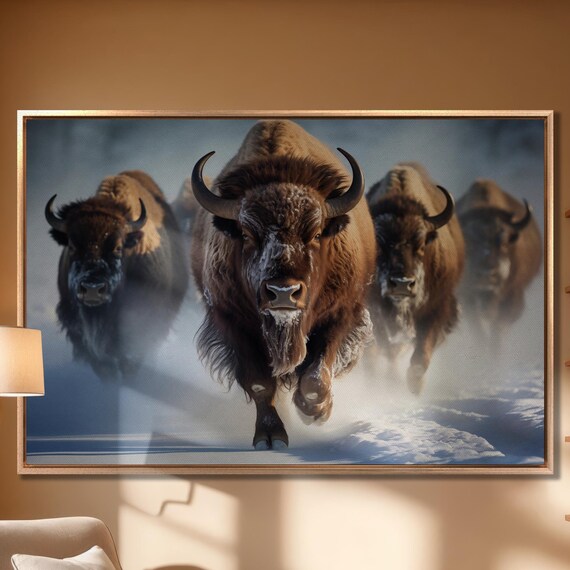 Bison Herd Charging Through Snow Rustic Winter Wildlife Wall Art