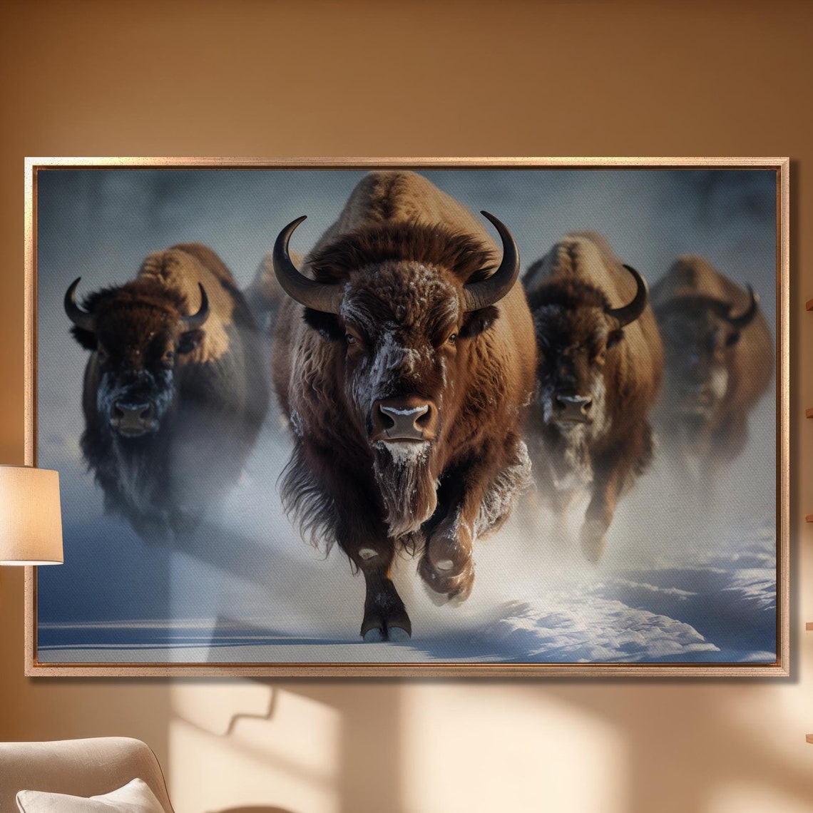 Bison Herd Charging Through Snow Rustic Winter Wildlife Wall Art