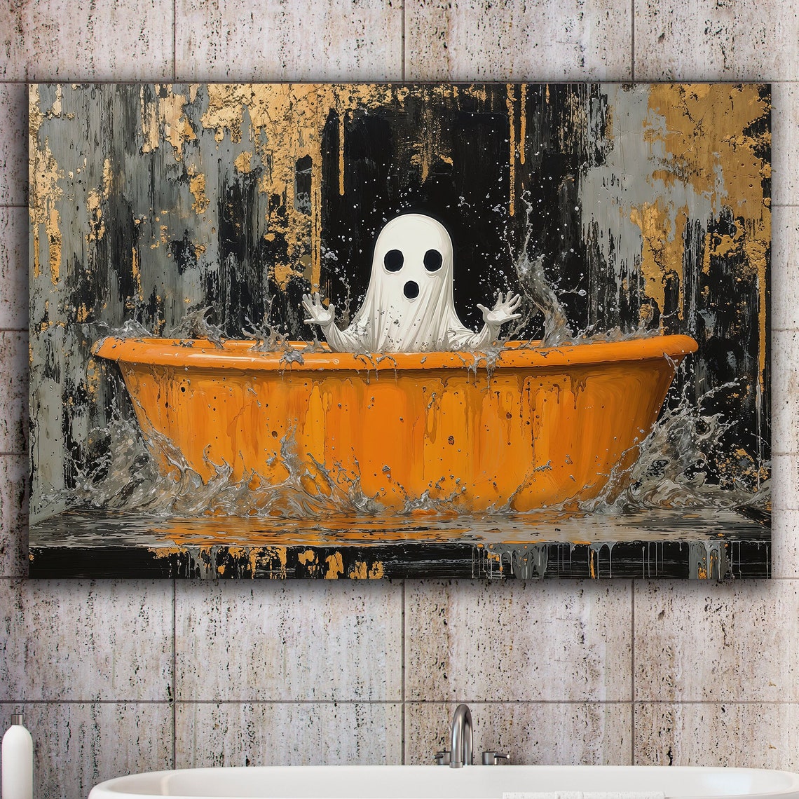 Ghost Splashing in Orange Bathtub Dark Abstract Halloween Poster