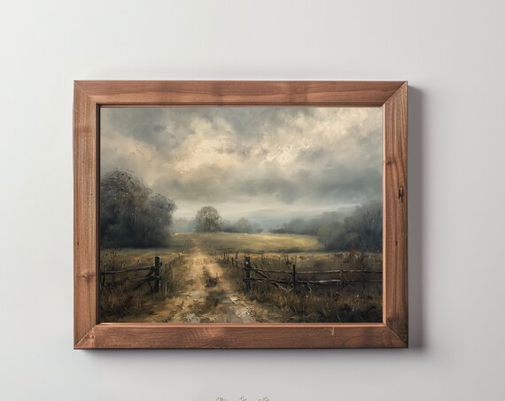 Mist Covered Countryside Landscape Oil Painting Farmhouse Wall Art