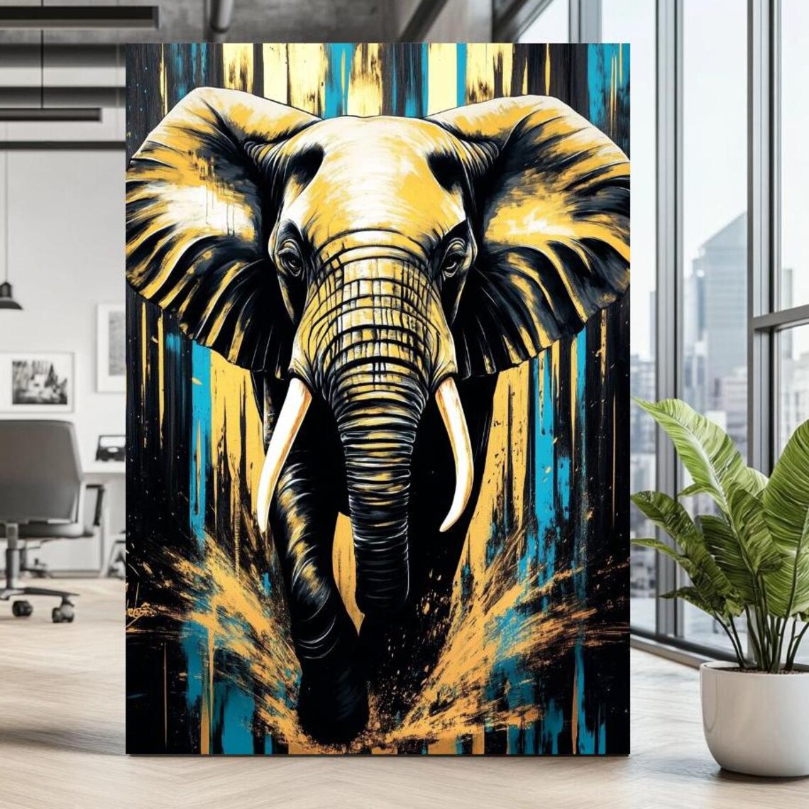 Majestic Elephant Abstract Painting Gold Blue Black Safari Wildlife Poster