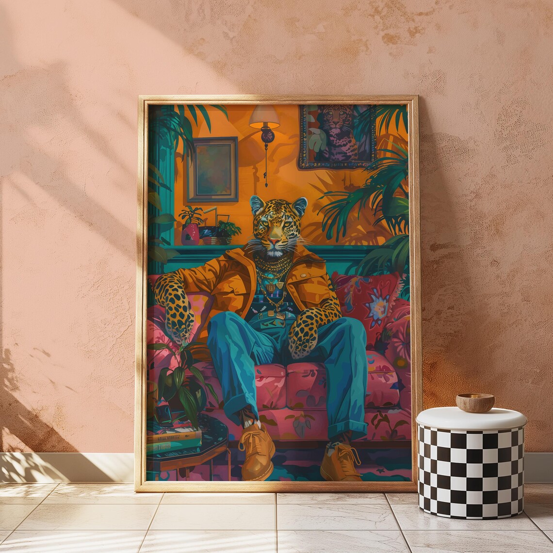 Leopard in Jacket and Jeans Lounging Tropical Room Eclectic Poster - Image 4