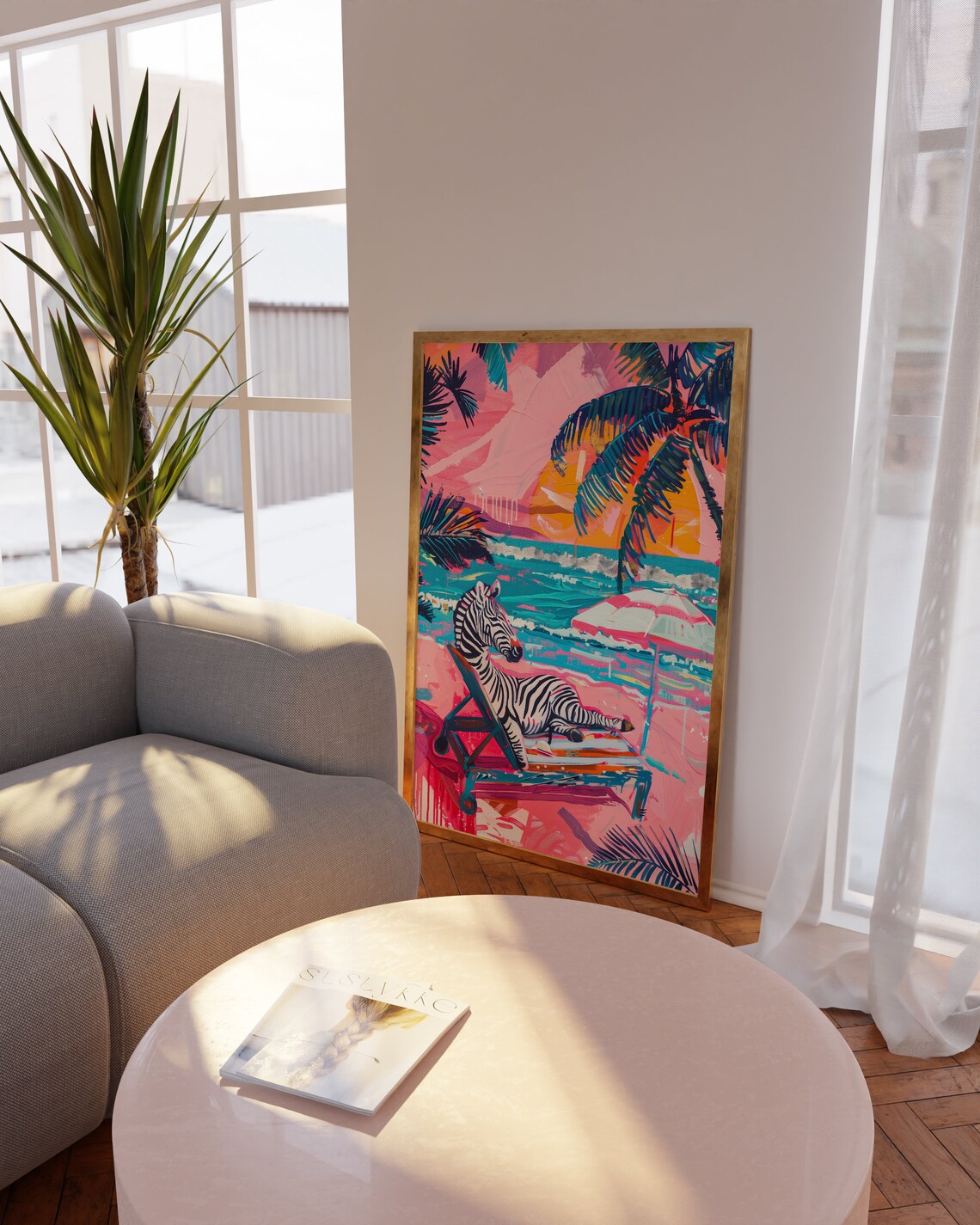Zebra Lounging at Pink Beach Umbrella With Palm Trees Poster - Image 4