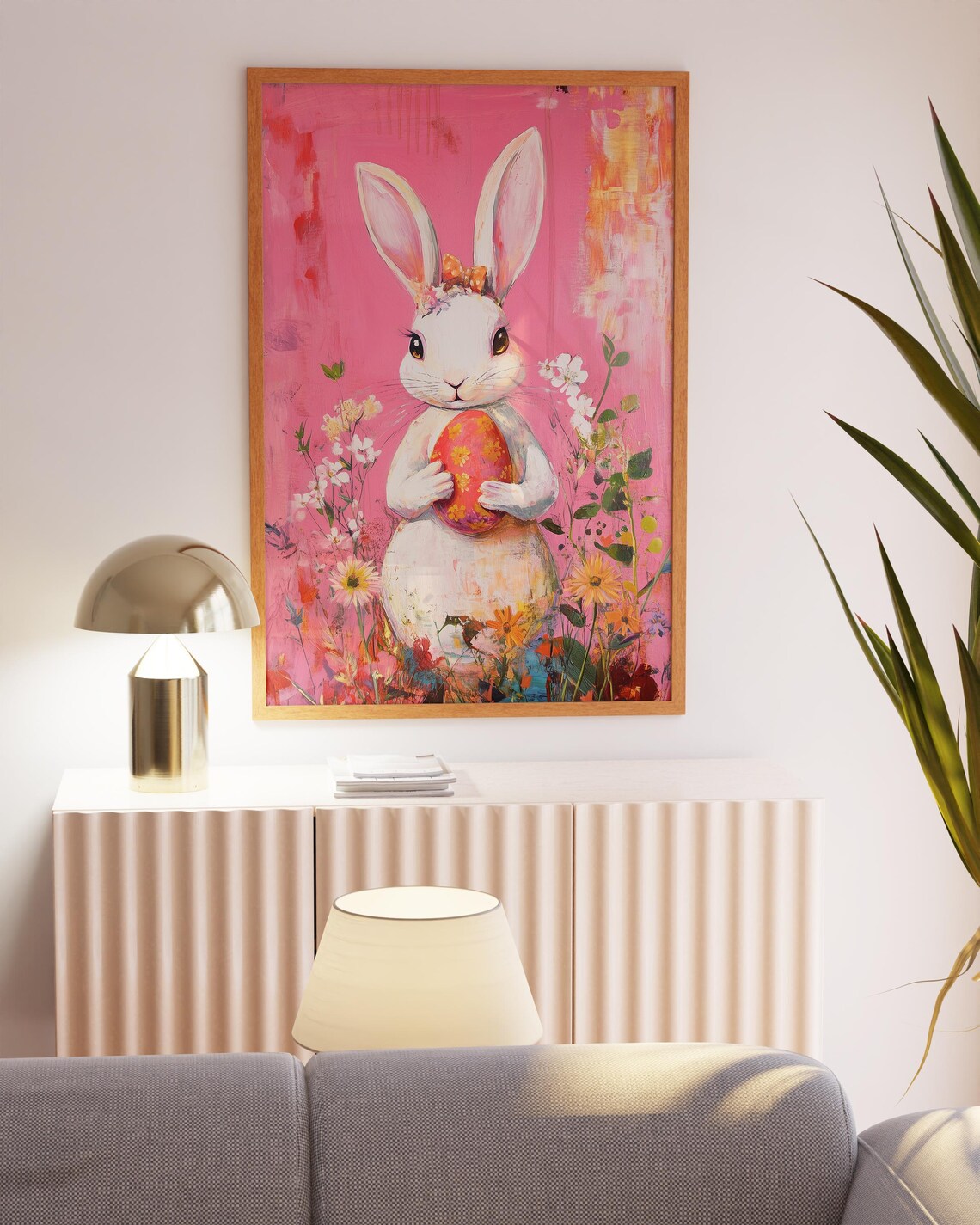 White Easter Bunny Holding Red Egg in Blossoming Field Poster - Image 4