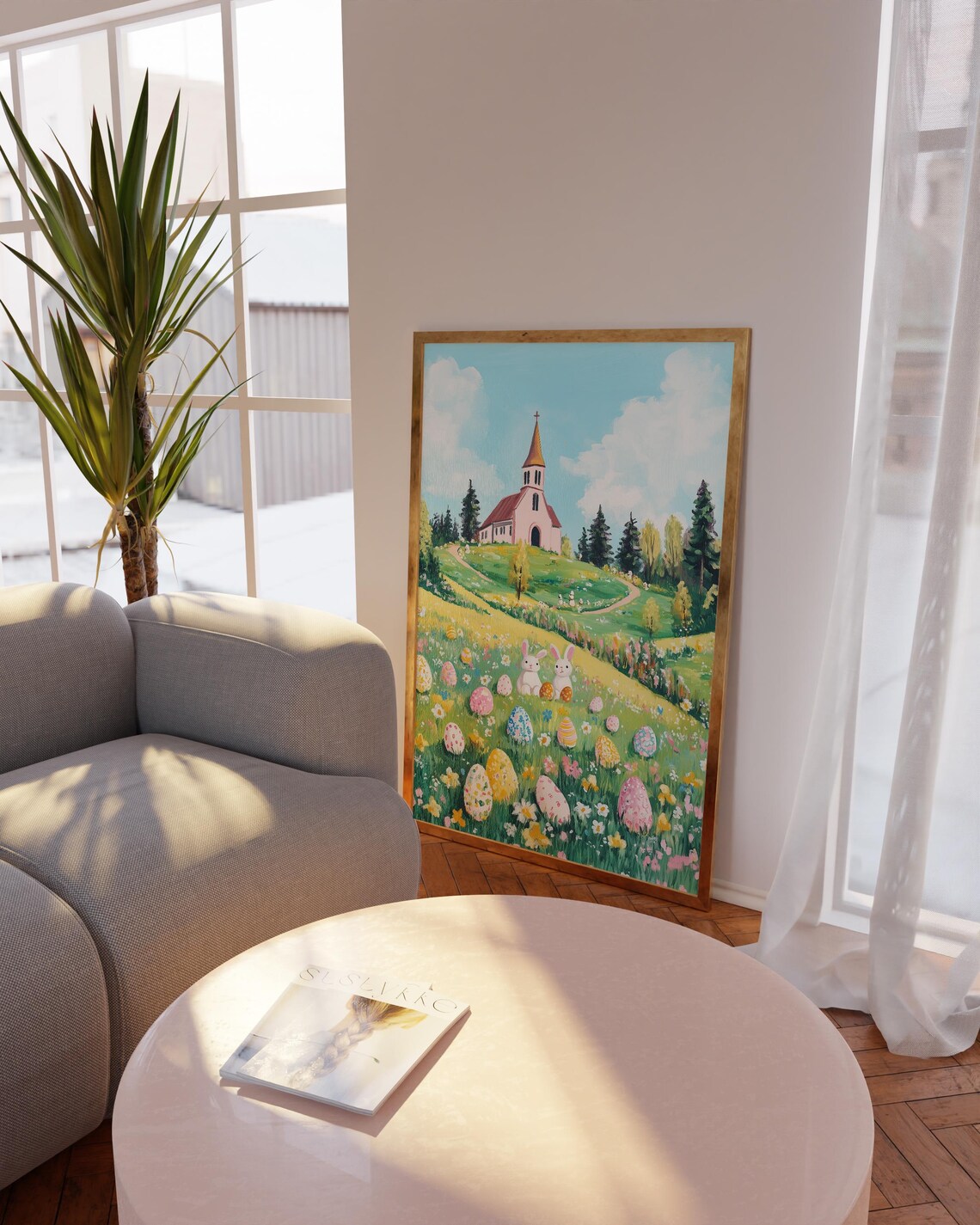 Easter Bunnies in Flower Meadow by Hill Church Spring Day Poster - Image 4