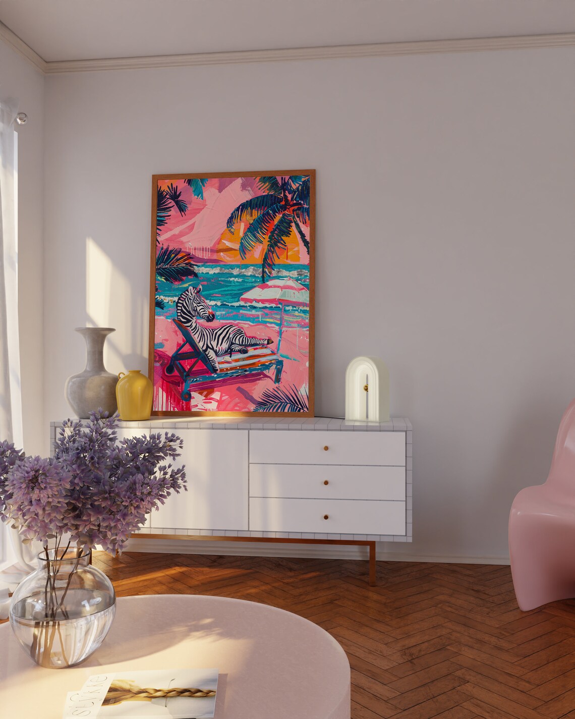 Zebra Lounging at Pink Beach Umbrella With Palm Trees Poster - Image 2