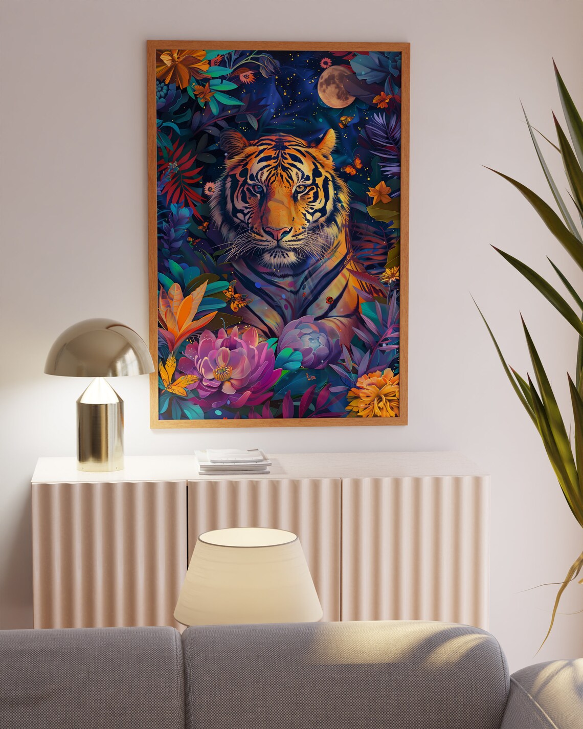 Tiger in Moonlit Tropical Flowers Night Maximalist Tiger Wall Art - Image 3