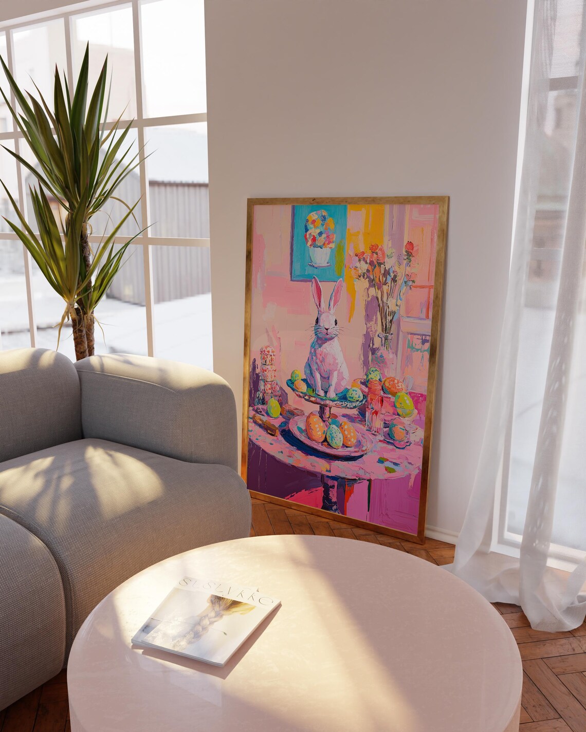Easter Bunny on Cake Stand With Brightly Painted Easter Eggs Poster - Image 4