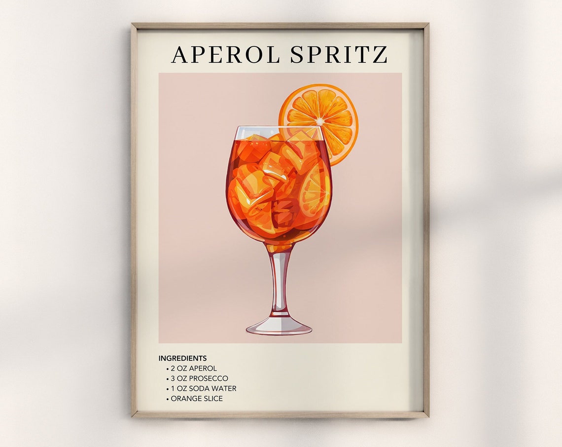 Aperol Spritz Cocktail Recipe Illustrated Bar Cart Home Decor Poster