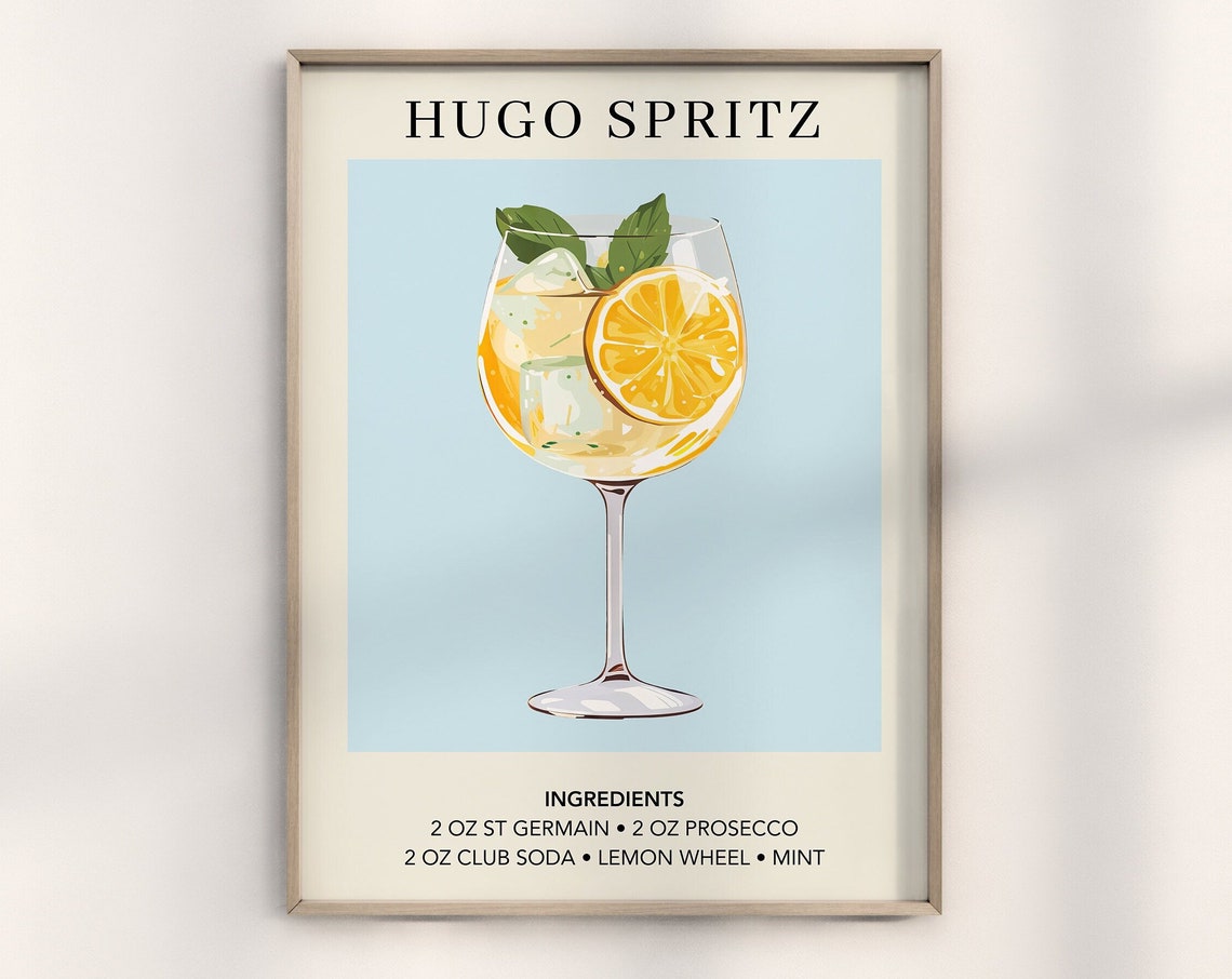 Hugo Spritz Cocktail Recipe Lemon Mint Blue Bar Cart Wall Art