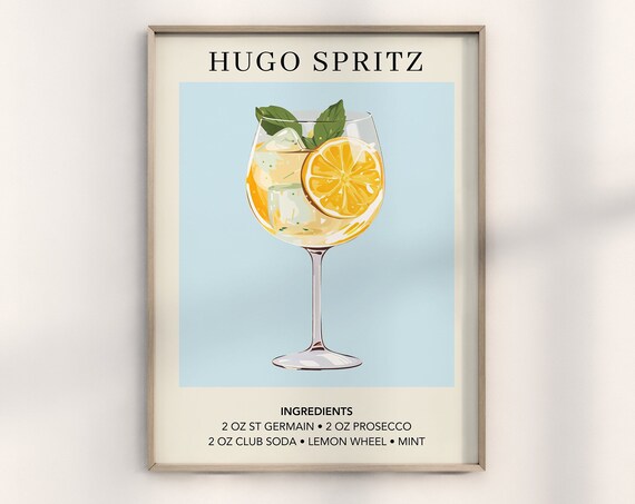 Hugo Spritz Cocktail Recipe Lemon Mint Blue Bar Cart Wall Art