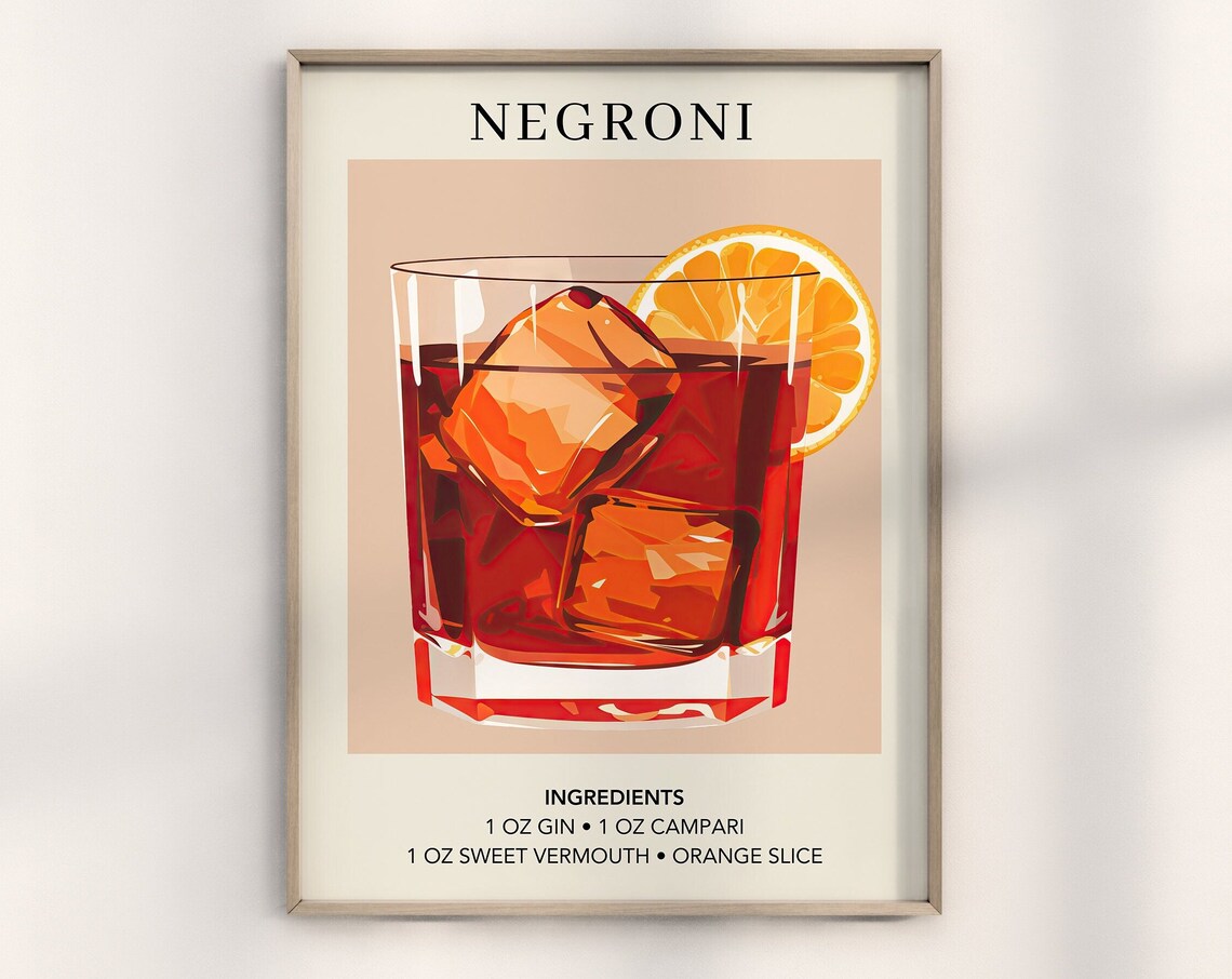 Negroni Art Print, Minimalist Retro Cocktail Poster