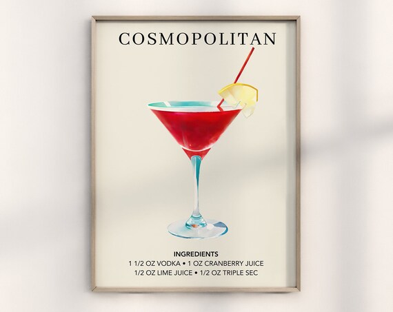 Cosmopolitan Cocktail Recipe Martini Glass Pink Vodka Bar Decor Poster