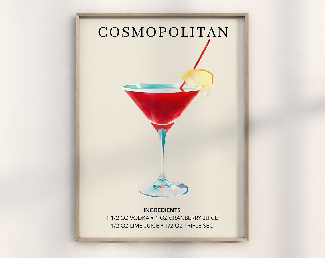 Cosmopolitan Cocktail Recipe Martini Glass Pink Vodka Bar Decor Poster