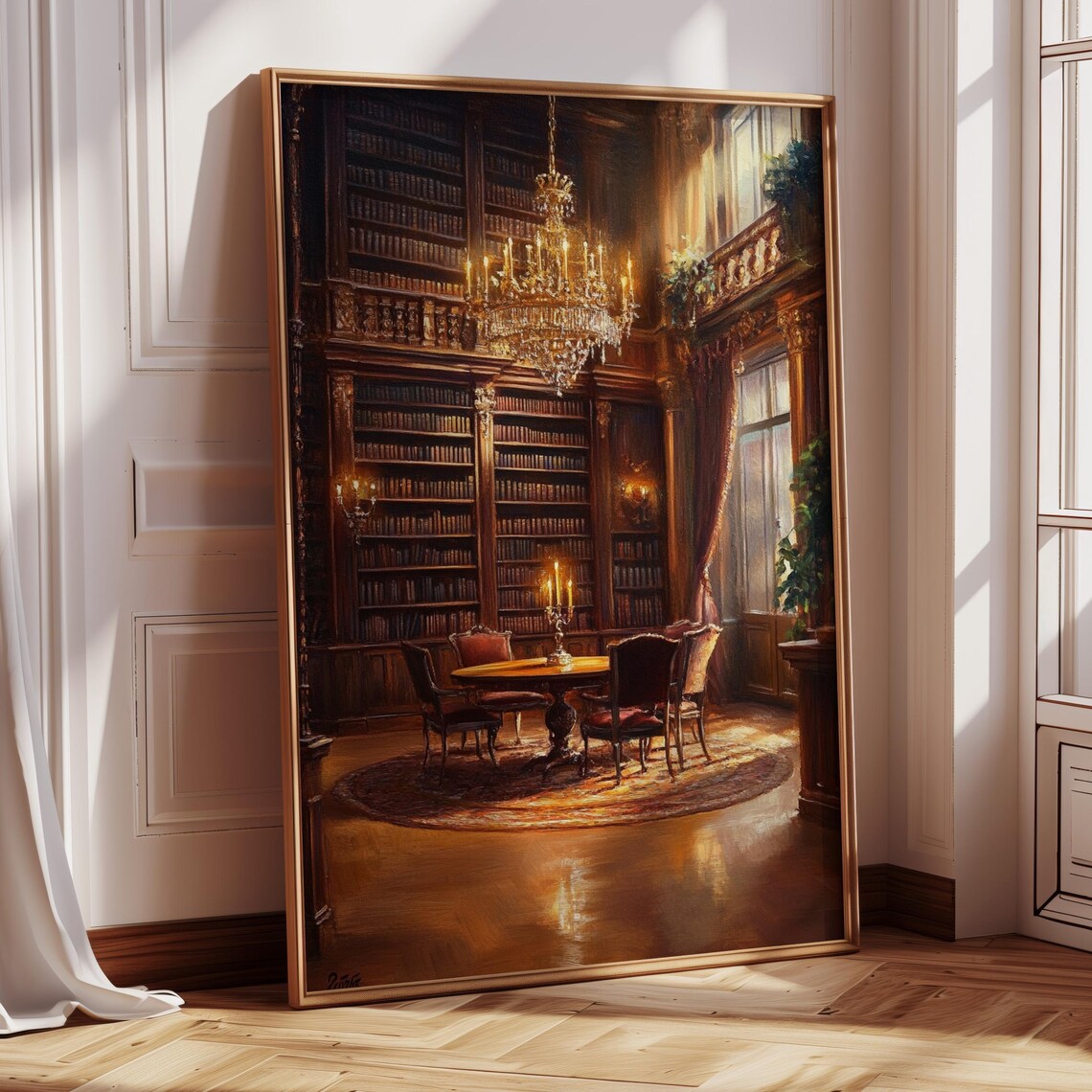 Grand Library Interior Chandelier Books Regal Room Art Poster