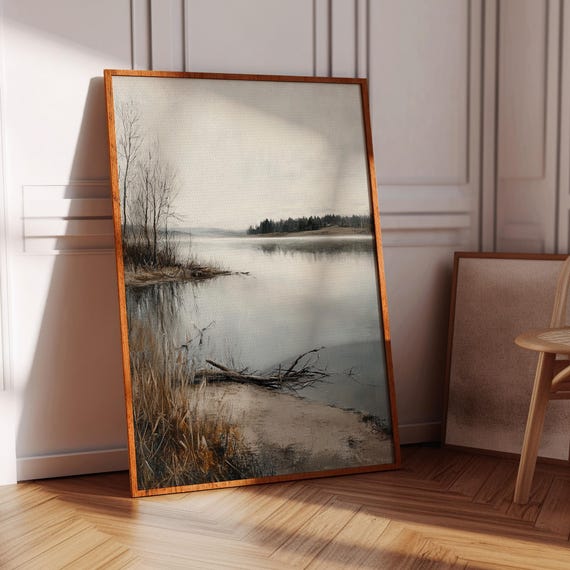 Serene Lake Landscape, Minimalist Nature Painting