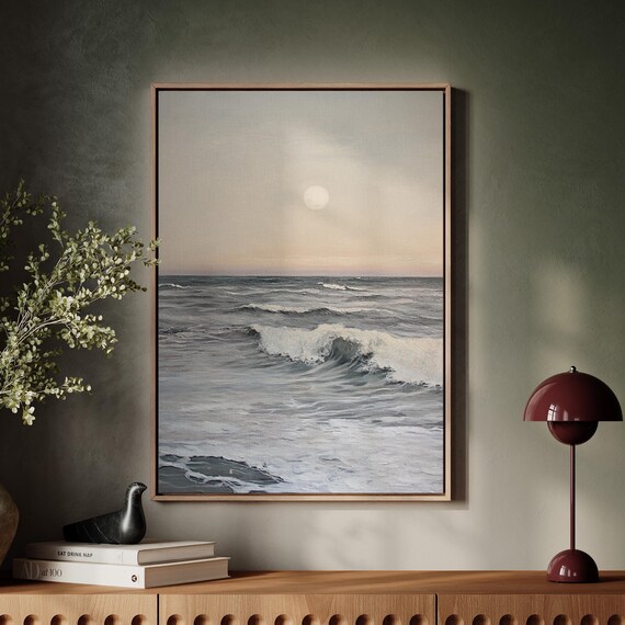Serene Moonlit Ocean Print Tranquil Beach Waves Full Moon Seascape Coastal Wall Art Minimalist Nautical Decor