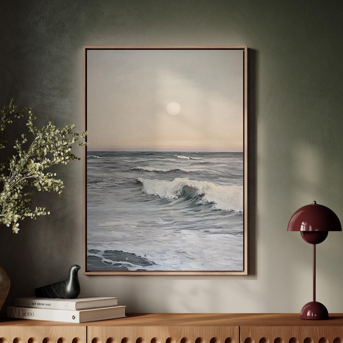 Serene Moonlit Ocean Print Tranquil Beach Waves Full Moon Seascape Coastal Wall Art Minimalist Nautical Decor