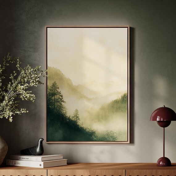 Golden Misty Mountain Landscape Wall Art Serene Nature Print Minimalist Forest Decor Neutral Toned Artwork For Home Or Office