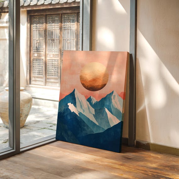Abstract Mountain Sunset, Modern Geometric Landscape