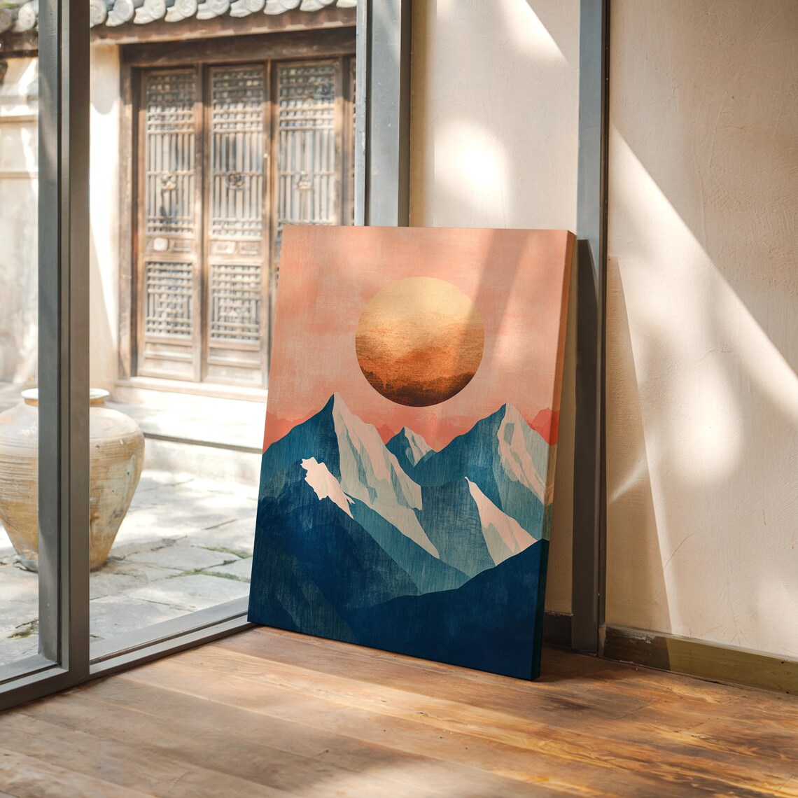Abstract Mountain Sunset, Modern Geometric Landscape