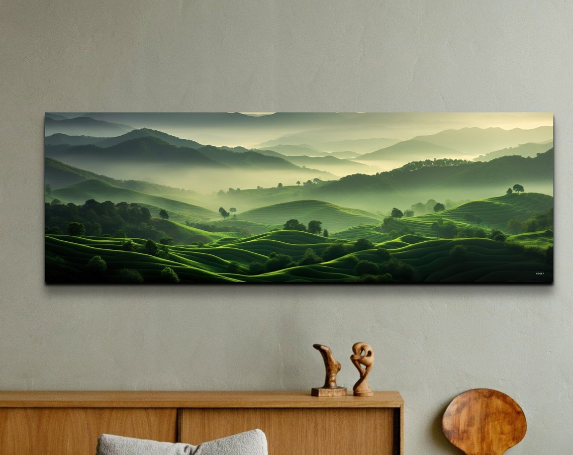 Misty Green Rolling Hills At Dawn Soft Light Panoramic Poster