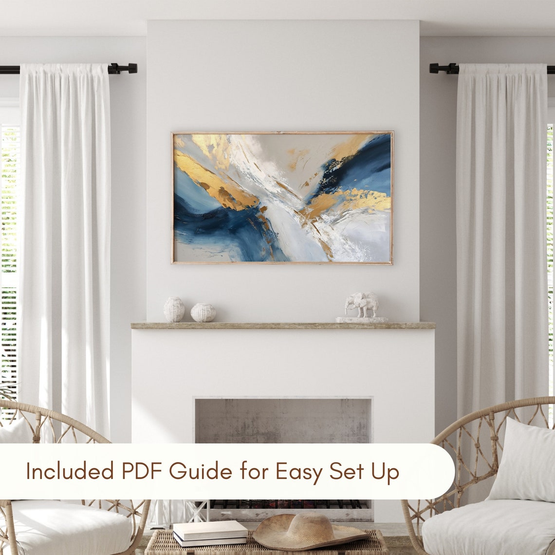 Navy Blue Gold White Modern Abstract Textured Decor Art Poster - Image 3