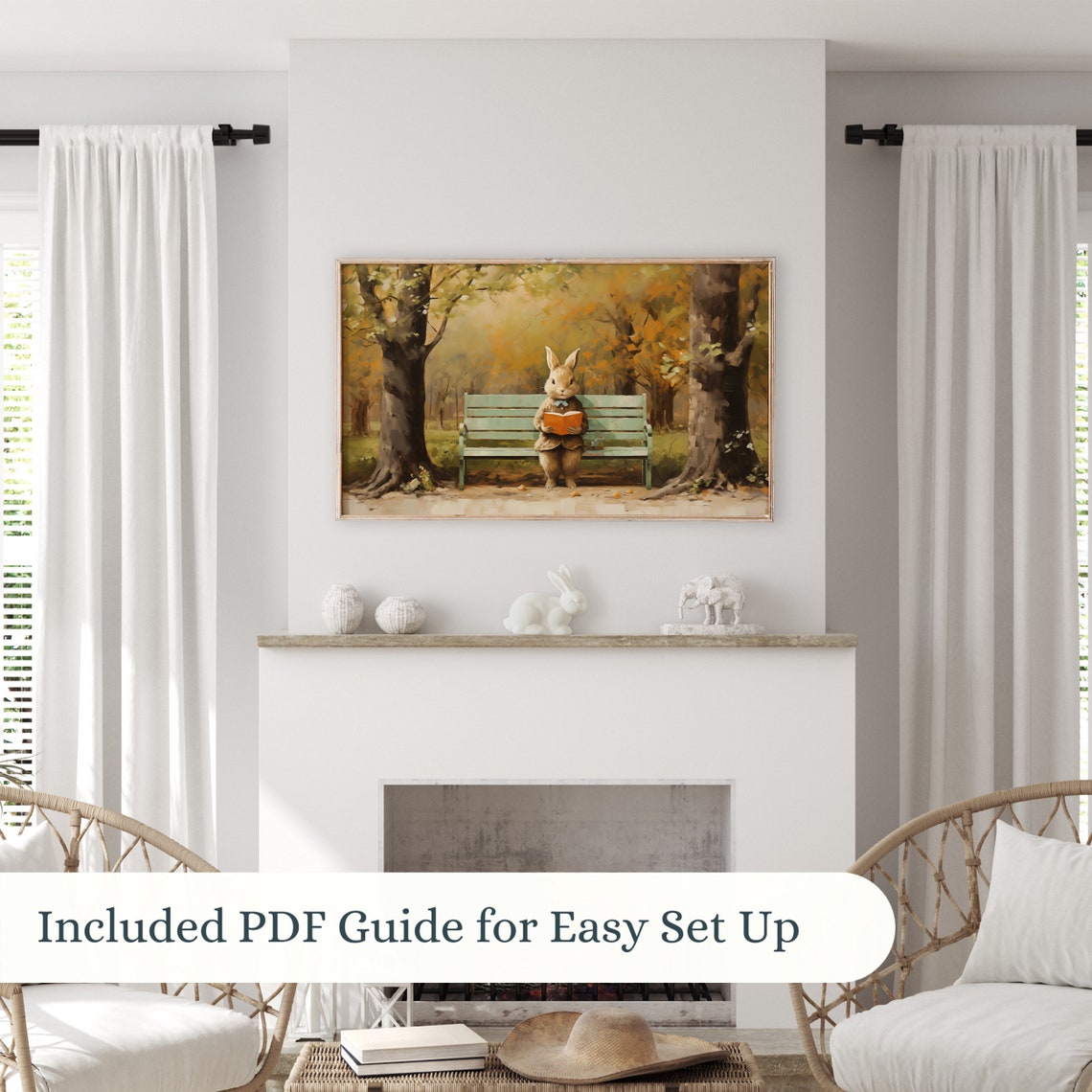 Vintage Easter Bunny Reading Book Park Bench Autumn Scene Poster - Image 2