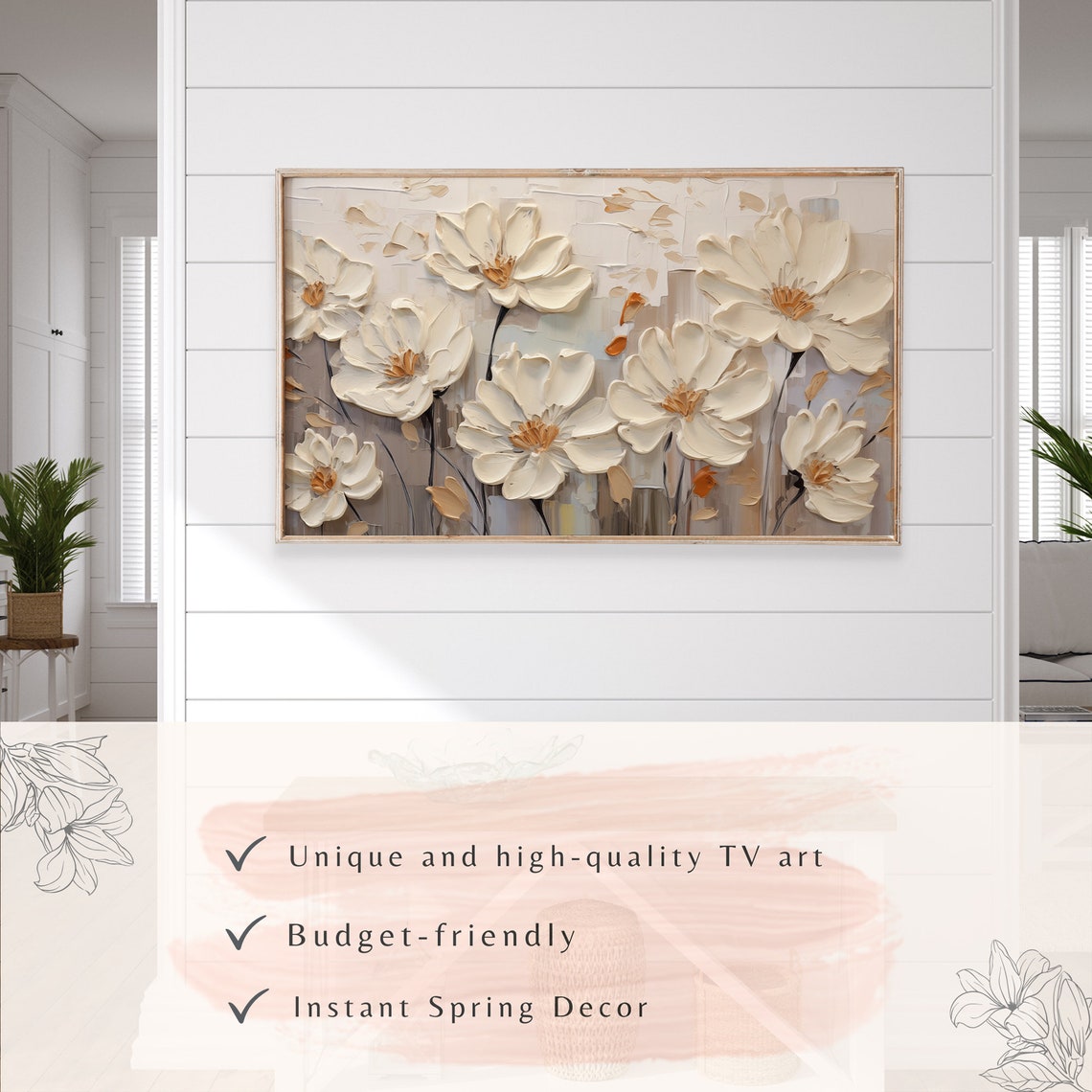 Cream Wildflowers Textured Impasto Neutral Farmhouse Oil Poster - Image 3
