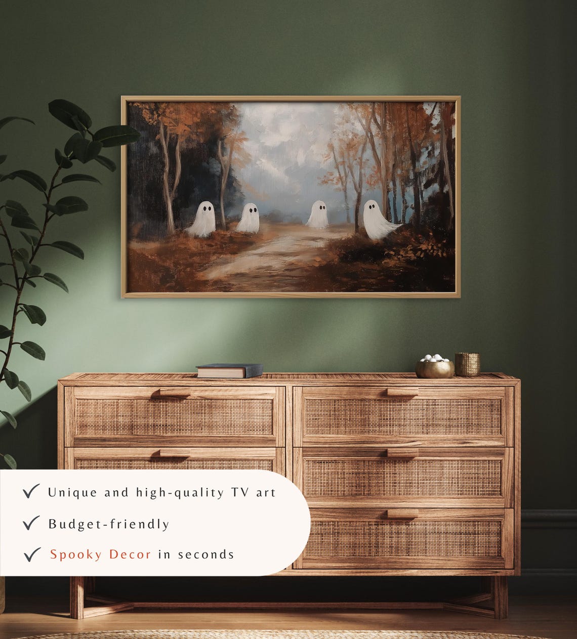Four Ghosts on Autumn Forest Path Vintage Spooky Halloween TV Art - Image 3