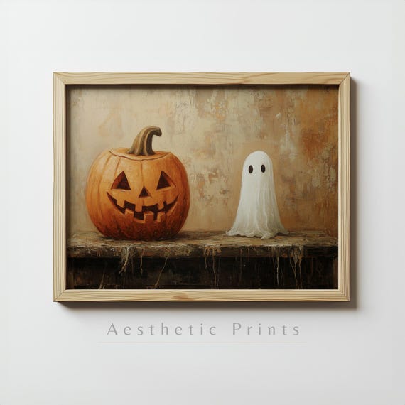 Halloween Pumpkin And Ghost Wall Art Spooky Cute Halloween Decor Rustic Halloween Art Print Fall Pumpkin Art Instant