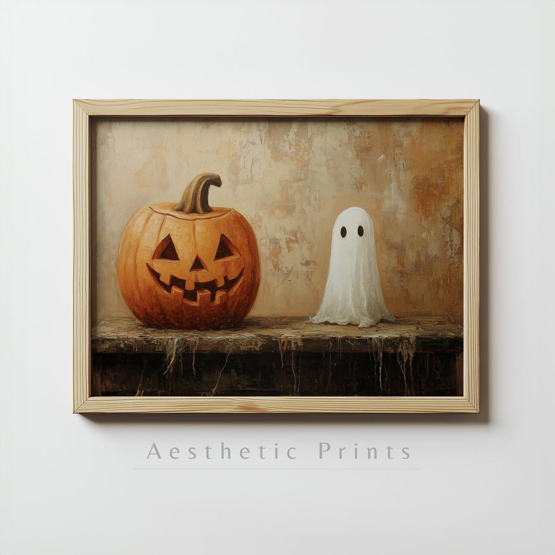 Halloween Pumpkin And Ghost Wall Art Spooky Cute Halloween Decor Rustic Halloween Art Print Fall Pumpkin Art Instant