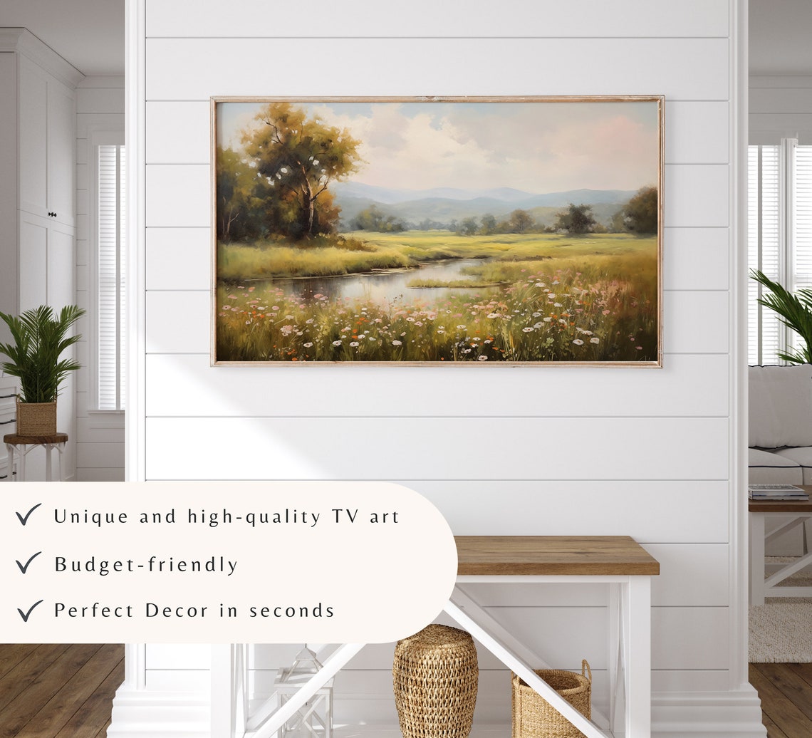Vintage Wildflower Pond Landscape Tree Mountains Soft Summer Poster - Image 3