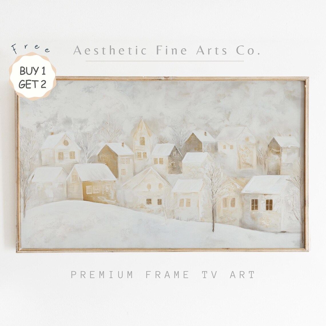 Minimalist White Snowy Village Houses Winter Neutral Wall Art - Image 3