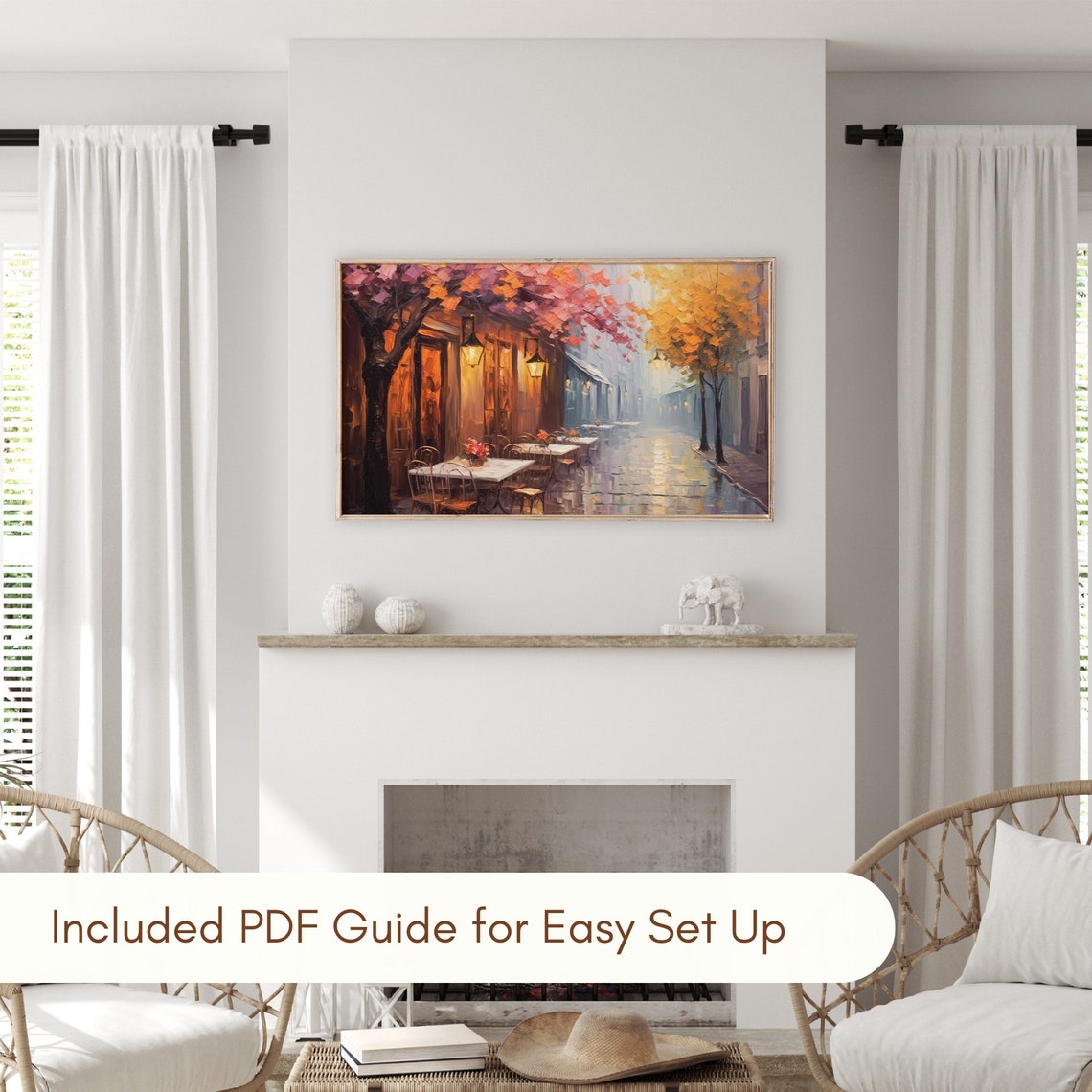 Romantic Rainy European Street Cafe Cherry Blossoms Night Poster - Image 3