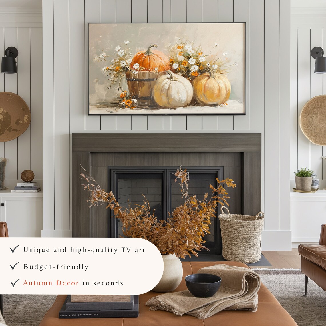 Neutral Fall Pumpkins Wildflowers Still Life Warm Beige Harvest Wall Art - Image 3