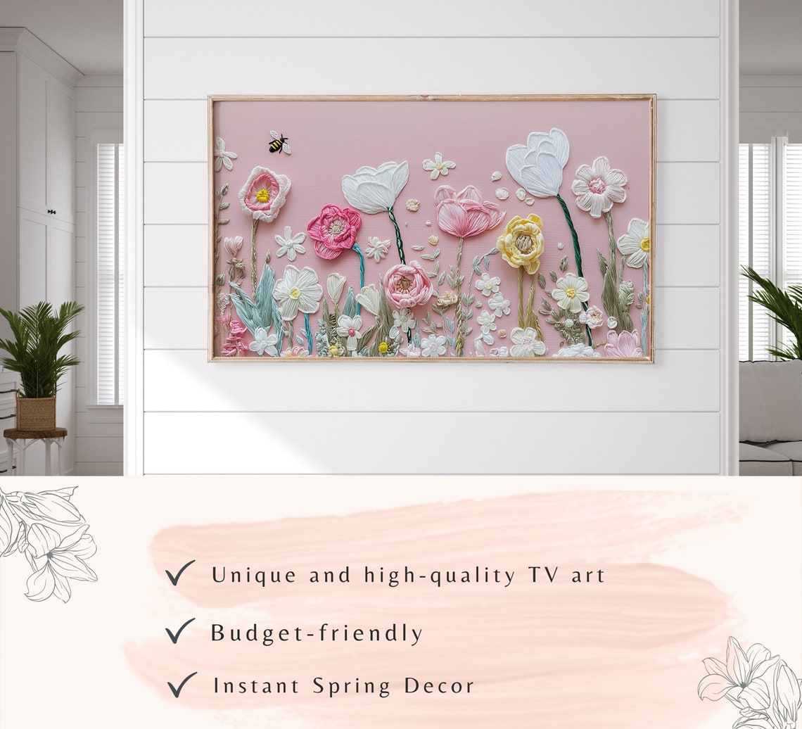 Pink Garden Wildflowers Bee Embroidered Stitch Textured Art Poster - Image 3