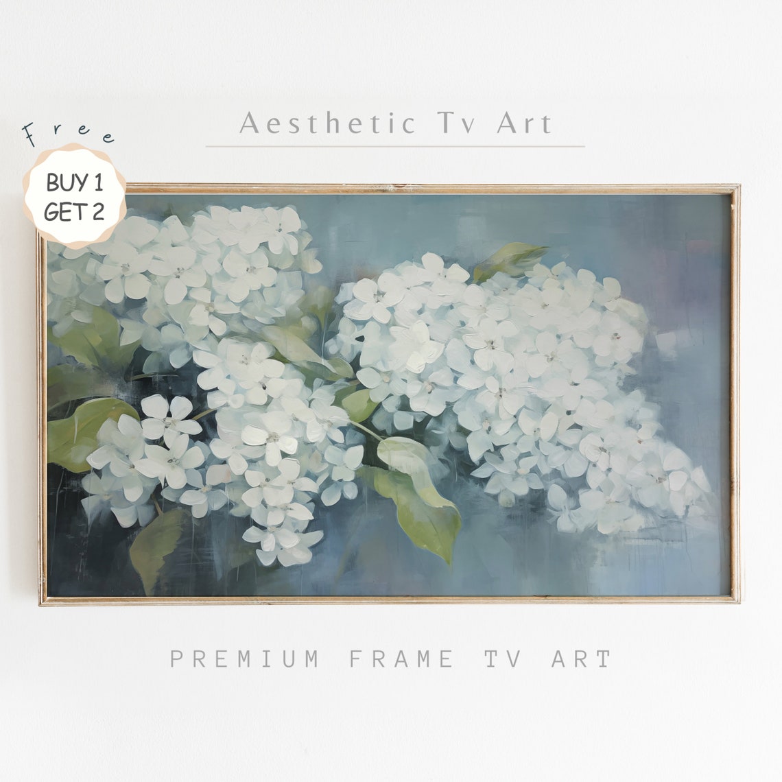White Hydrangea Blue Background Soft Botanical Oil Painting Poster