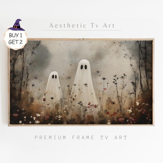 Spooky Ghosts In A Wildflower Field Painting Halloween Art For Frame Tv Cute Ghost Painting Art For Frame Tv