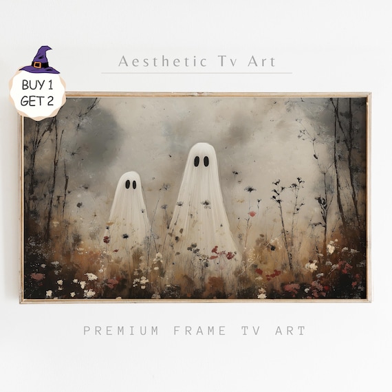 Two Cute Ghosts In Wildflower Field Moody Vintage Halloween Art Poster