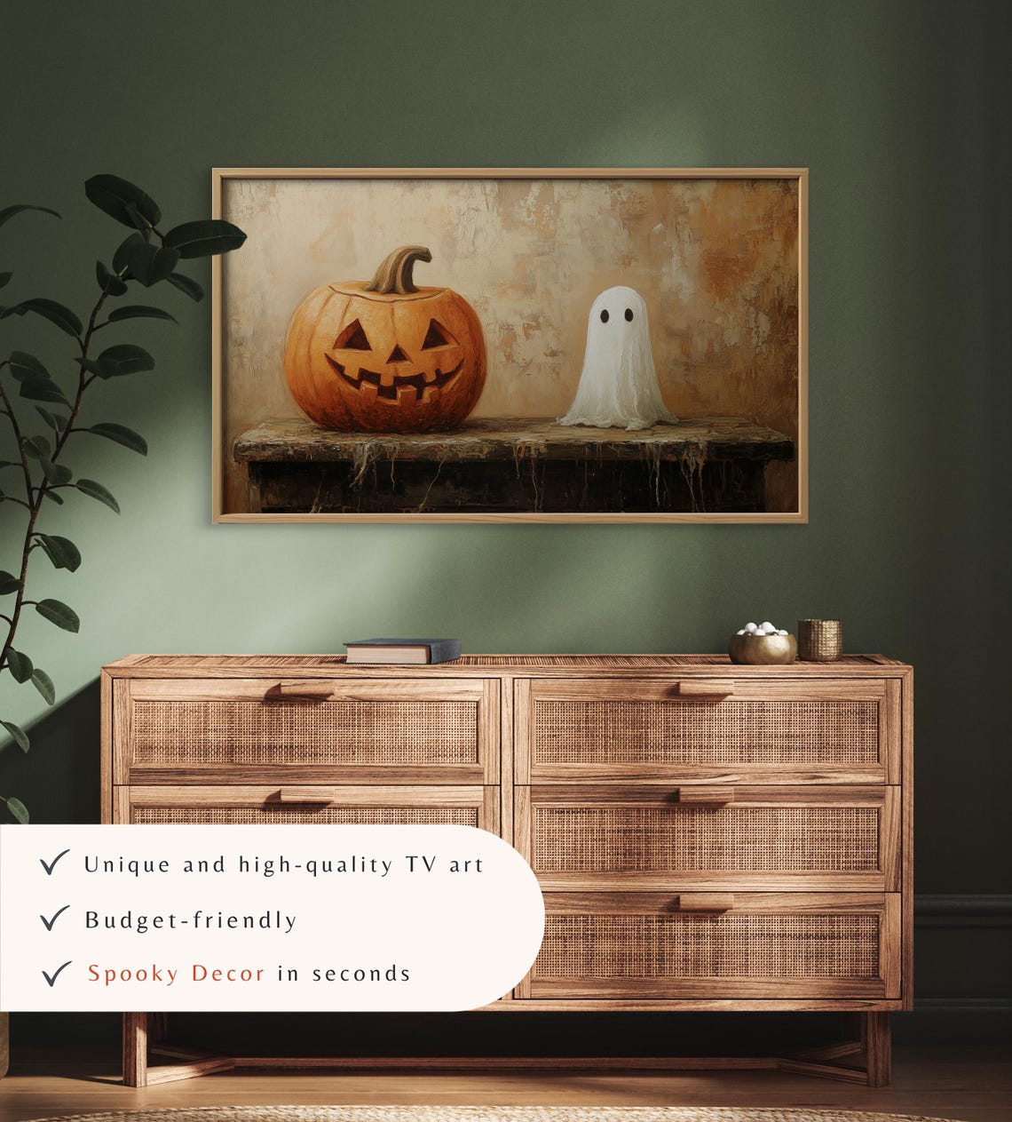 Jack-O-Lantern Pumpkin and Cute Ghost Rustic Halloween TV Art Poster - Image 3