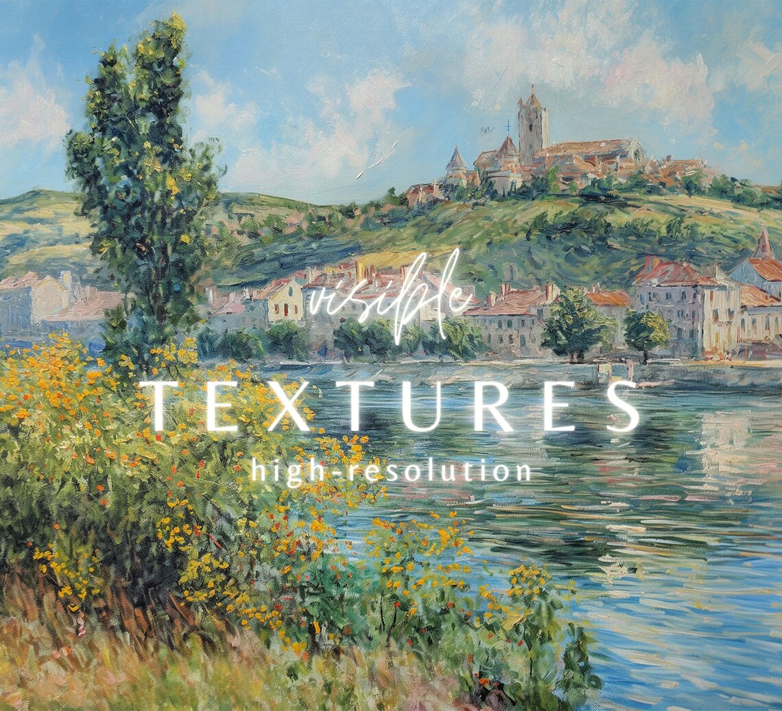 European Riverside Village Hill Church Impressionist Landscape Poster - Image 2