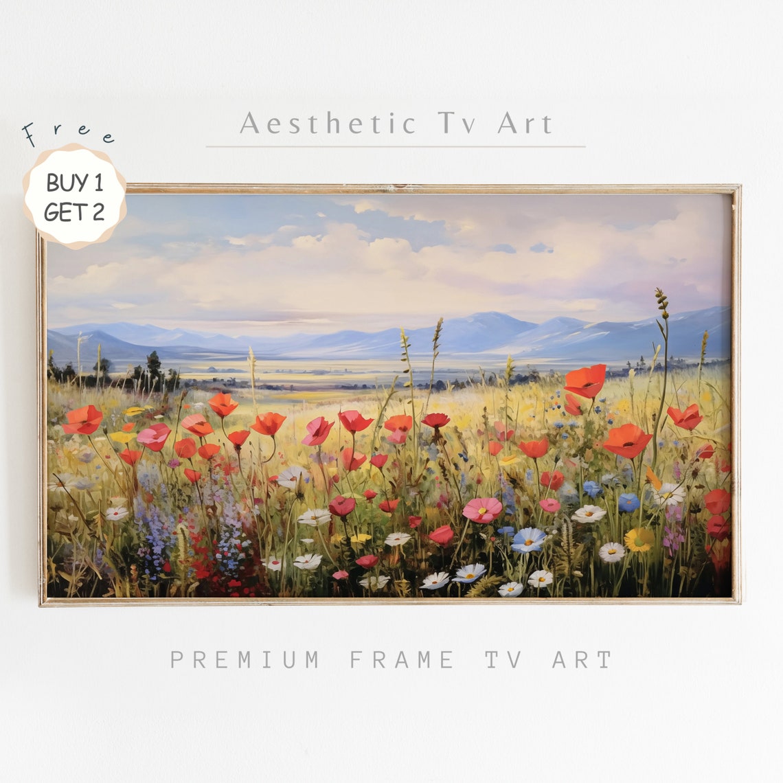 Red Poppy Wildflower Meadow Mountain Landscape Oil Painting Poster