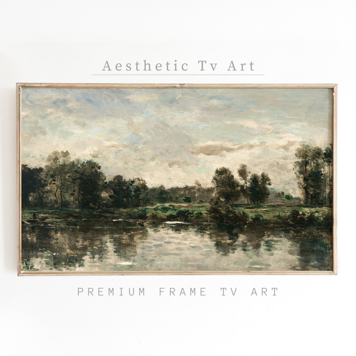 Moody Vintage River Landscape Trees Antique Oil Painting Poster