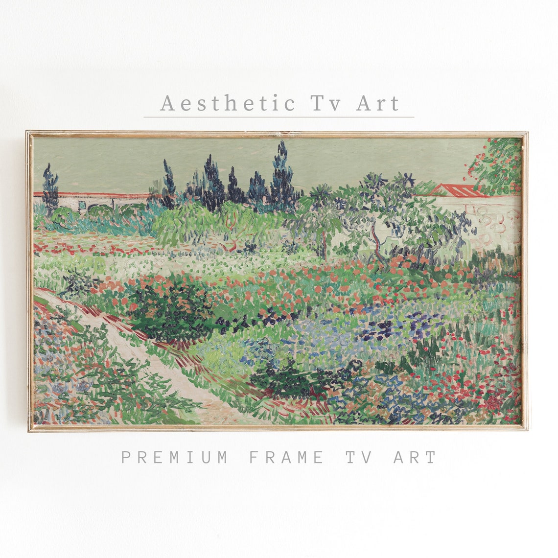 Van Gogh Style Garden Cypress Trees Wildflower Meadow Wall Art